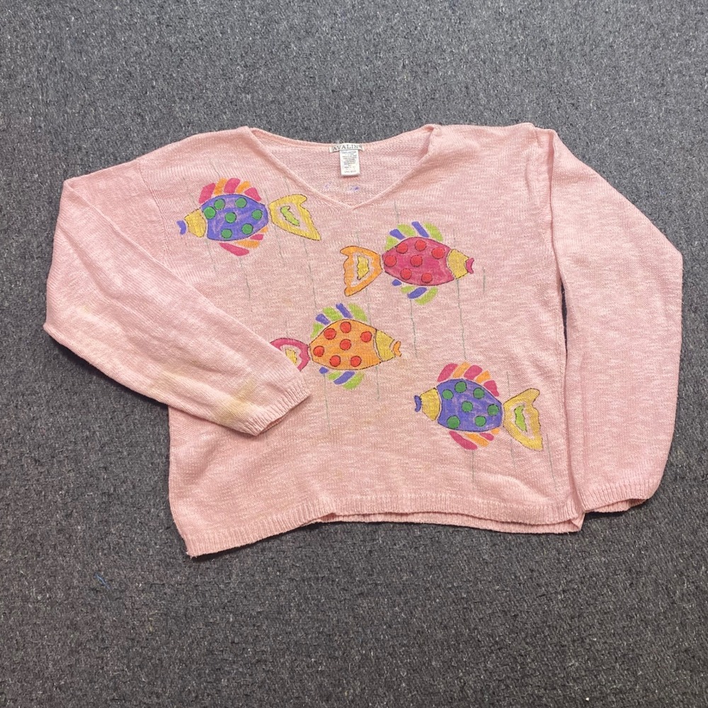 Avalin Fish Sweater Sz OS Women Pink Art Teacher Coastal Hand Painted V Neck Vtg